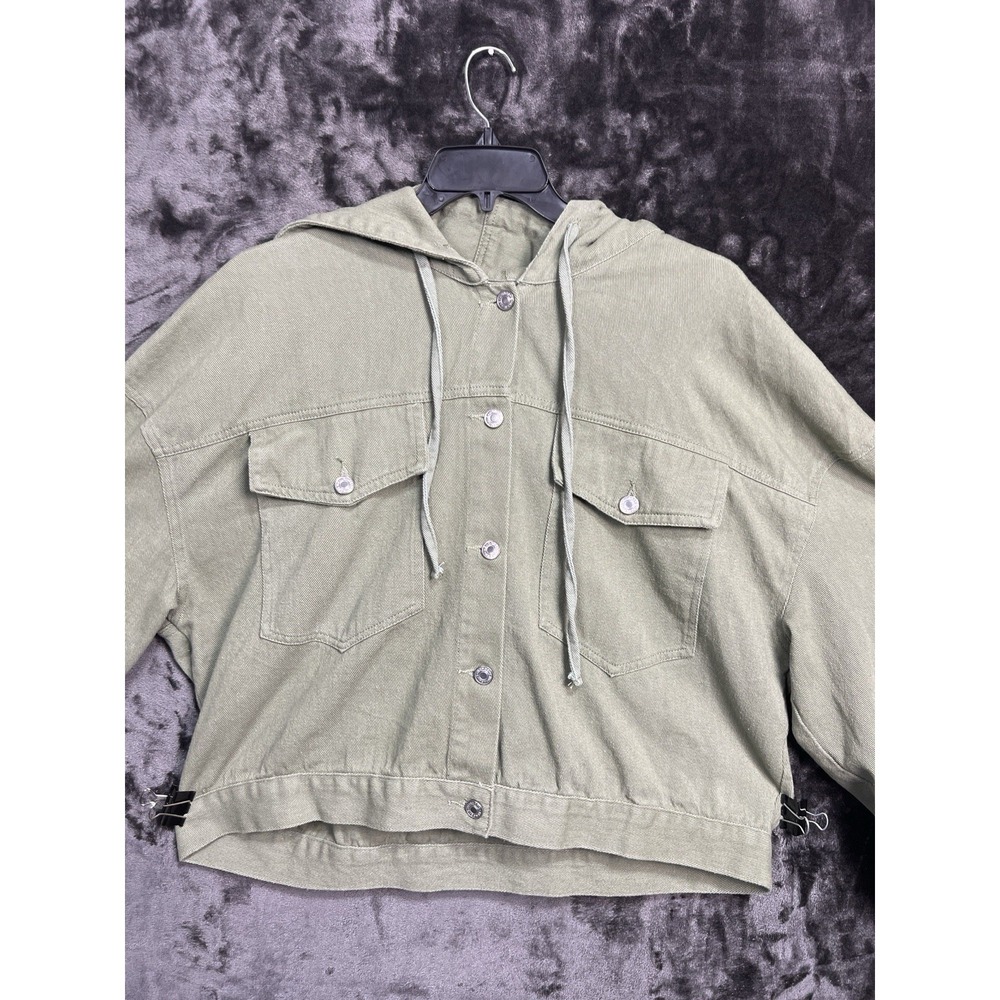 Hengsheng Jeans Women's 3XL Cropped Hooded Jean Jacket Olive Streetwear Military